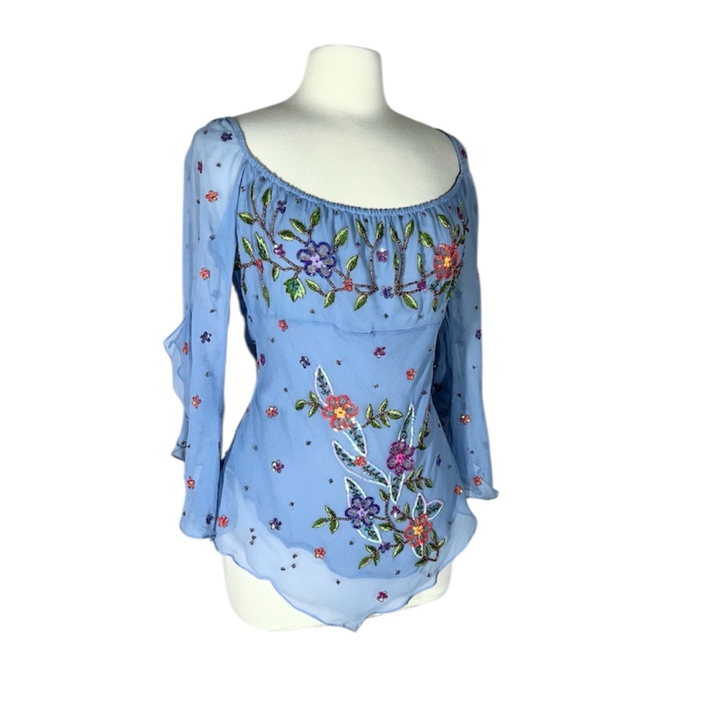 Aftershock Vintage Y2K Floral Embroidered Sequin 100% Silk Periwinkle Top Fairy